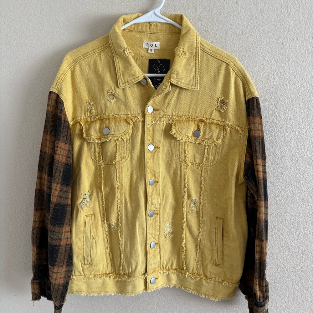 POL Yellow Distressed Denim Jacket with Brown Plaid‎ Sleeves NWT Size Small